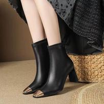 Metal Decoration Boots Mid Calf Botas Square Toe Chunky Heels Mixed Colors Zippers Solid Zippers Elegant Style Office Ladies 35