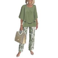 Summer 2 Piece Outfit for Women Half Sleeve Crew Neck Top And Long Pants Travel Vacation Lounge Sets M žalia