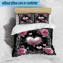 Pink Roses And Hearts 3pcs Bedding,Including 1pc Duvet Cover And 2pcs Pillowcases Perfect for Christmas,Ideal for Bedroom, Dormitory 135cm*200cm