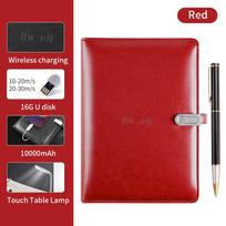 A5 Binder Notebook PU Leather Notebooks Power Bank Charge Notebook With Table Lamp and Wireless Charger USB Flash Drive (Red,A5,16G,PB,15W wireless,lamp&80sheets) raudona