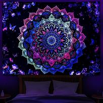 Heopapin Blacklight Tapestry Trippy Galaxy Mandala Tapestries UV Reactive Butterflies Flower Wall Hanging Tapestry for Bedroom Living Room 59.1L X 100X70CM