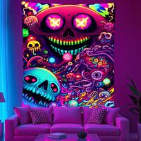 Psychedelic Neon Skeleton And Zombie Uv Reaction Tapestry Wall Hanging Bedroom Dormitory Home Decoration 100X70CM