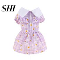 Pet Dress Turn Down Collar Short Sleeve Adorable Dress-up Puppy Pullover Plaid Floral Print Dog Skirt for Outdoor Clothes 2XL violetinė