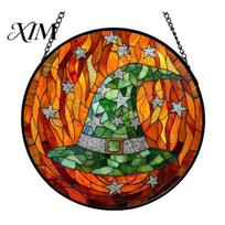 Festival Atmosphere Gifts Halloween Stained Glass Suncatcher Ornament, Vintage Hanging Window Decor with Pumpkin Ghost Bat Witch Unique Holiday D