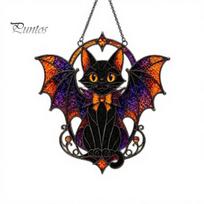 Cute Animal Themed Gift Halloween Bat Cat Suncatcher, Stained Glass Style Acrylic Sun Catcher, Gothic Home Wall Ornament Black Hanging for Window juoda