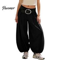 Balloon Legged Pants Women Wide Leg Barrel Pants, Casual High Waisted Elastic Waist Trousers, Solid Color Pleated Baggy Palazzo Trousers S juoda