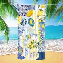 La Dolce Vita Blue Tile Lemon Seashell Stamp Collage Print Microfiber Quick Dry Amalfi Coast Citrus Themed Vacation Beach Towel 50x100cm