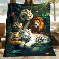 Tigers & Lions Gathering Wildlife Lightweight Blanket - Soft Warm Fleece Throw for Sofa, Travel, Camping & Bed Size: 75*100cm, Weight: 230 GSM