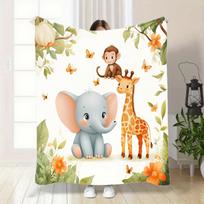 Safari Animal Bedspread, Soft Flannel with Elephants Monkeys Giraffes for Jungle Room Decor, Christmas Throw Unisex Size: 75*100cm, Weight: 230 GSM