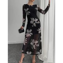 Summer Women's Printed Mesh Fanny Pack Hip Slim-fit Long-sleeved Temperament Dress S juoda
