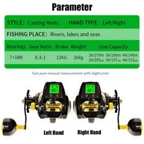 Portable Aluminum Alloy Surf Fishing Reel with Electronic 6.3:1 High Speed Ratio Powerful 12kg Drag with Digital Display 7+1BB Spinning Reel Lure Reel Right Hand