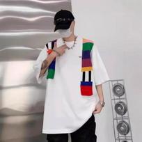 Rainbow Knitted Patchwork Camo Print Loose Short Sleeve T Shirt Unisex Casual Daily Top M balta