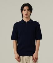 Analog Mood Cable Half-Zip Collar Short-Sleeve Knit (Navy) Free