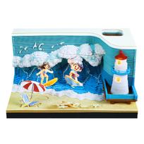 Surfing 3D Miniature Scene Collectible Paper Sculpture Hand Tear off 3d Memo Pad Paper Art Collection With Light Acrylic Case (as the picture,12*8*5.8CM)