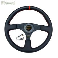 JDM 14-inch 350MM Racing Modified Leather Steering Wheel, Flat Drift Sports Game Steering Wheel PCD70MM raudona
