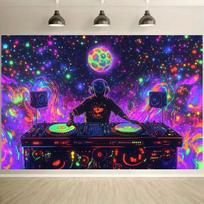 DJ Music Studio Tapestry Psychedelic Turntable Universe Design for Neon Party Gaming Room Decor 100X70CM purple