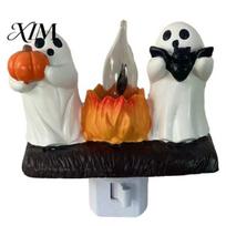Unique Wall Decor Halloween Pumpkin Ghost Night Light with Witch Hat, Resin Soft Glow Room Plug-in LED Bedroom Light, Spooky Sconce for Party Home C