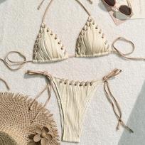 Women Sexy Solid Color Two Piece Bikini Summer Beach Vacation Swimwear S smėlis