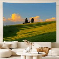 Sunset Meadow Tapestry Green Hill Tree Blue Sky Golden Cloud Nature Scenery Wall Hanging Decor for Bedroom Living Room 100X70CM