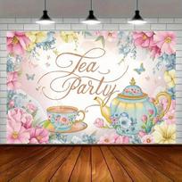 Vintage Flower Tea Party Background Cloth Teapot Tea Cup Hanging Cloth Party Party Birthday Tea Party Photo Background Wall 100X70CM