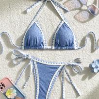 Women Ins Style Solid Color Sexy Bikini Swimsuit For Beach S mėlyna