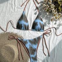 Women Sexy Leopard Print Solid Color Split Triangle Bikini Swimsuit S mėlyna