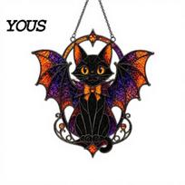 Dark Aesthetic Room Decor Halloween Bat Cat Suncatcher, Stained Glass Style Acrylic Sun Catcher, Gothic Art Black Hanging Ornament for Home juoda