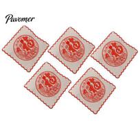Chinese Fabric Doily 5Pcs Red Blessing Embroidered Doilies, Character Coaster, Square Decorative Retro Doilies Place Mat, Heat Resistant Table Mat for 5pcs