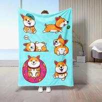 Cute Cartoon Shiba Inu Puppy Print Throw Blanket, Light Blue Background Kawaii Dog Pattern Soft Flannel Cozy Blanket, Warm Decor Size: 75*100cm, Weight: 230 GSM