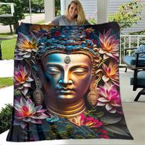 Buddha Sakyamuni Inspired Plush Throw Blanket Soft Flannel for Bedroom Living Room Sofa Perfect for Meditation and Prayer Size: 75*100cm, Weight: 230 GSM