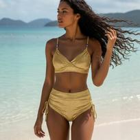 Women Sexy Solid Color Split Strap Backless High Waisted Bikini Swimsuit S auksas