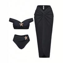 Women European Style Starfish Three Piece Split Bikini Long Skirt Swimsuit S juoda