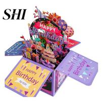 Lasers Cut Birthday Card 3D Greeting Handcrafted Happy Adult Kids Handmade Celebration Foldable Heartfelt Wishes violetinė