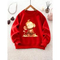 Unisex Round Neck Sweatshirt with Cute Cartoon Monkey Print, Sporty Casual Style, Suitable for Camping Wear 110 raudona