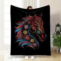 Vibrant Floral Horse Head with Flowing Neon Lines On a Black Background. for All Seasons Blanket Lunch Break Throw Gift 75X95CM