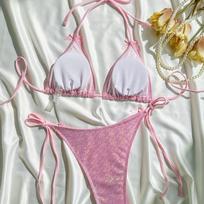 Sexy Solid Color Bowknot Two Piece Bikini Women Swimsuit For Beach Vacation S rožinė