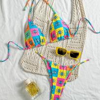Women Floral Print Thong Bikini Summer Vacation Beach Swimming Swimwear S mėlyna