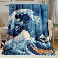 Japanese Wave Art Flannel Blanket with Mount Fuji Design Soft Warm Lightweight for Sofa Bedroom Travel Perfect Gift Size: 75*100cm, Weight: 230 GSM