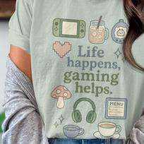 Life Happens Gaming Helps T-Shirt, Stardew Valley Shirt, Cozy Gamer T-Shirt, Gamer Gift, Gamer Girl Gift, Video Game Shirt XL