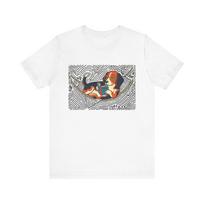 Retro Relaxing Dog Reading Tee | Vintage Illustration, Striped Background XL