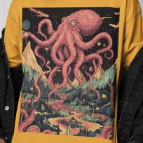 Giant Octopus Surreal T-Shirt | Trippy Octopus Graphic Shirt | Cosmic Octopus Horror Tee | Gift for Art Lovers L