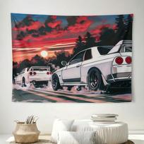1pc Japanese Retro Racing Car Print Tapestry Vibrant Sunset Scene Wall Art Stylish Home Decor For Bedroom Living Room Indoor Art 100X70CM