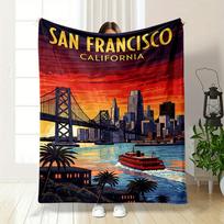 A Vibrant Sunset Skyline Featuring a Bridge, Skyscrapers, and a Ferry. for All Seasons Blanket Lunch Break Throw Gift 75X95CM
