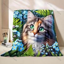 Daugiaspalvė katė tarp mėlynų gėlių rašto pledas, flanelės medžiaga, minkštas, šiltas, visų sezonų, namams, laukui, stovyklavimui, iškyloms, kemperiui 75X95CM