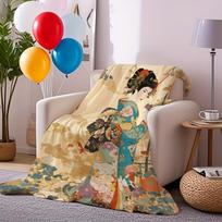 Japanese Geisha Floral Kimono Flannel Blanket - Soft All-Season Throw for Bed, Sofa, Camping Travel - Quick-Dry Machine Washable Size: 75*100cm, Weight: 230 GSM
