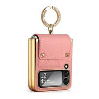Purple PU Leather Z Flip 6 Case with Finger Ring,Front Screen Protector Mobile Phone Cover for Galaxy Z Flip 7 Flip5 4 3,Plating Galaxy Z Flip7 rožinė