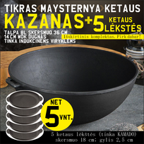 Ketaus WOK kazanas 8L ir 5 ketaus lėkštės «MAYSTERNYA»