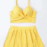 Women Three Piece Polka Dot Underwire Push Up Split Swimwear Bathing Suit S geltona