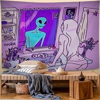 Alien Mirror Selfie Tapestry Single Sided 2D Trippy Psychedelic Wall Hanging For Bedroom Living Room Dorm Indie Space Decor Gift 100X70CM