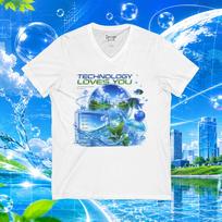 Frutiger Aero! Technology Loves You V-Neck Tee | Futuristic Tech Nature Graphic S